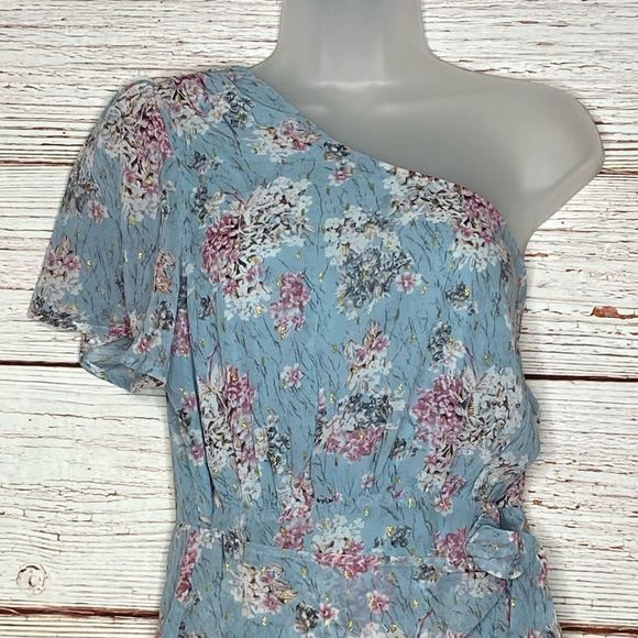 Lulus Way to Wow Dusty Blue Floral Print One Shoulder Faux-Wrap Dress Sz L - Picture 7 of 16